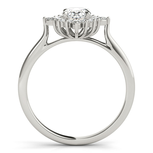 White gold Oval Halo Diamond Cluster Ring with Marquise and Round Stones on a White Gold Band with Prong Setting