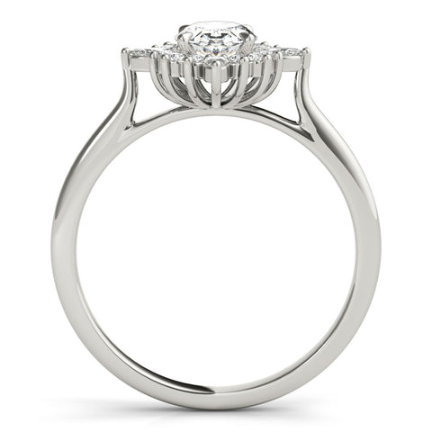 Silver Oval Halo Diamond Cluster Ring with Marquise and Round Stones on a Silver Band with Prong Setting