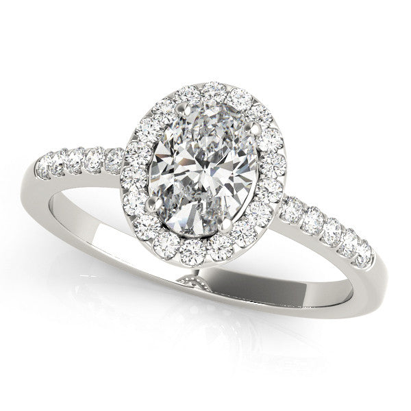 Silver 1.58 Carat F VS1 Oval Halo Diamond Engagement Ring with Pavé Band and Four-Prong Setting
