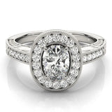 Silver Oval Halo Diamond Engagement Ring with Pave Band and Four-Prong Setting 1