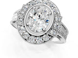 Silver Oval Halo Diamond Ring with Milgrain Bezel and Prong Setting_7