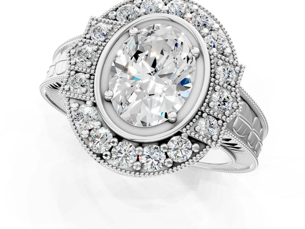 Sterling Silver Oval Art Deco Halo Engagement Ring Setting with Pave Side Panels and Milgrain Band
