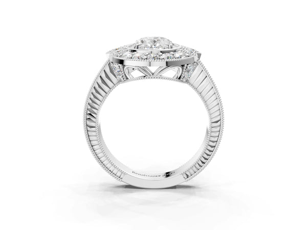 Sterling Silver Oval Art Deco Halo Engagement Ring Setting with Pave Side Panels and Milgrain Band