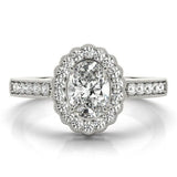 Silver Oval Halo Diamond Ring with Pavé Band and Four-Prong Setting 1