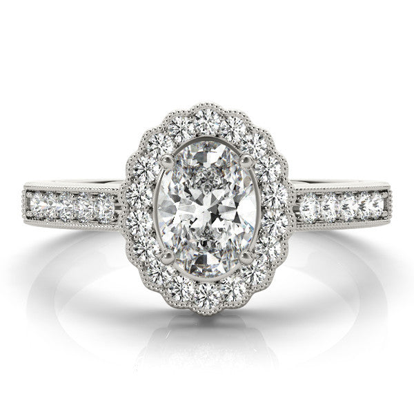 Silver Oval Halo Diamond Ring with Pavé Band and Four-Prong Setting 2