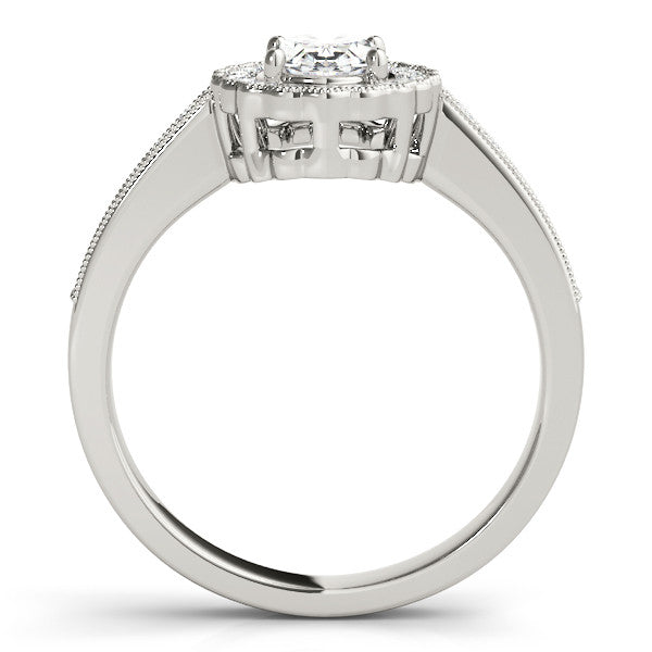Silver Oval Halo Diamond Ring with Pavé Band and Four-Prong Setting