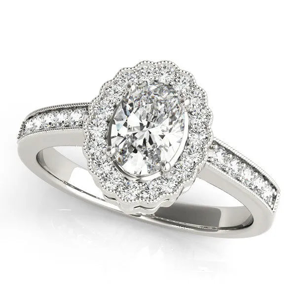 Silver Oval Halo Diamond Ring with Pavé Band and Four-Prong Setting
