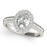 Silver Oval Halo Diamond Ring with Pavé Band and Four-Prong Setting