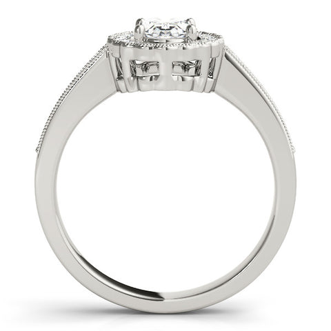 Silver Oval Halo Diamond Ring with Pavé Band and Four-Prong Setting