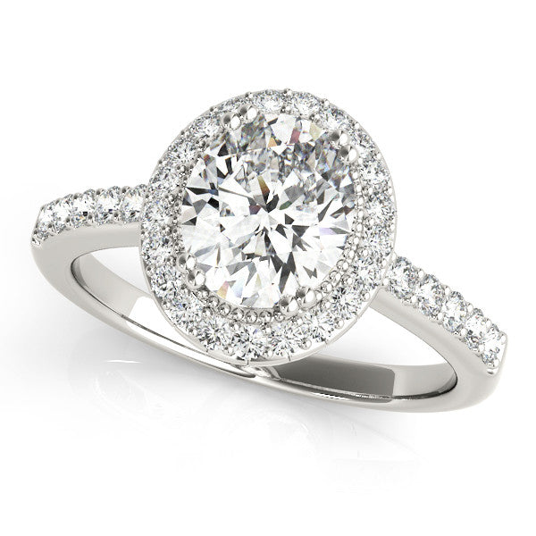10K White Gold 2.01 Carat F VS1 Oval Diamond Halo Ring with Pavé Band and Prong Setting