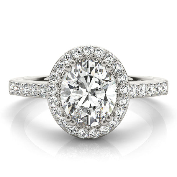 White gold Oval Diamond Halo Ring with Pavé Band and Prong Setting