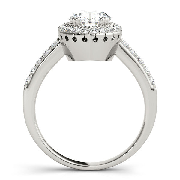 Silver Oval Halo Diamond Ring with Pave Band and Four-Prong Setting