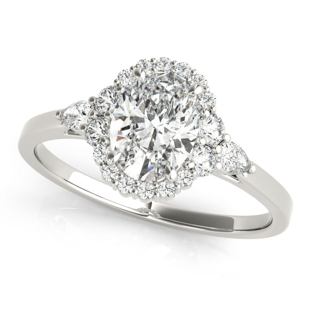 10K White Gold 1.59 Carat F VS1 Oval Halo Diamond Ring with Pear Side Stones and Prong Setting on a Classic Band