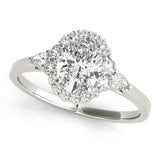 10K White Gold 1.59 Carat F VS1 Oval Halo Diamond Ring with Pear Side Stones and Prong Setting on a Classic Band