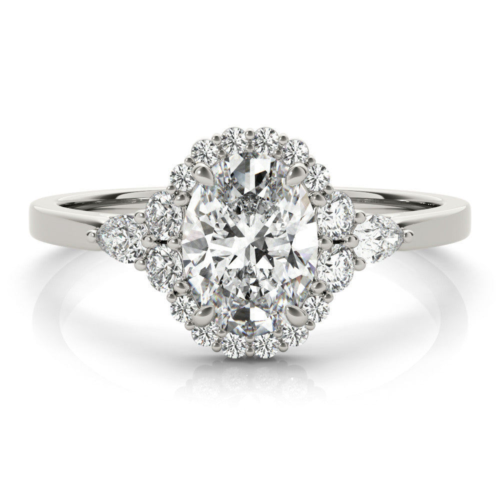 Silver Oval Halo Diamond Ring with Pear Side Stones and Prong Setting on a Classic Band 2