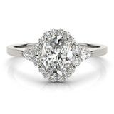 10K White Gold 1.59 Carat F VS1 Oval Halo Diamond Ring with Pear Side Stones and Prong Setting on a Classic Band