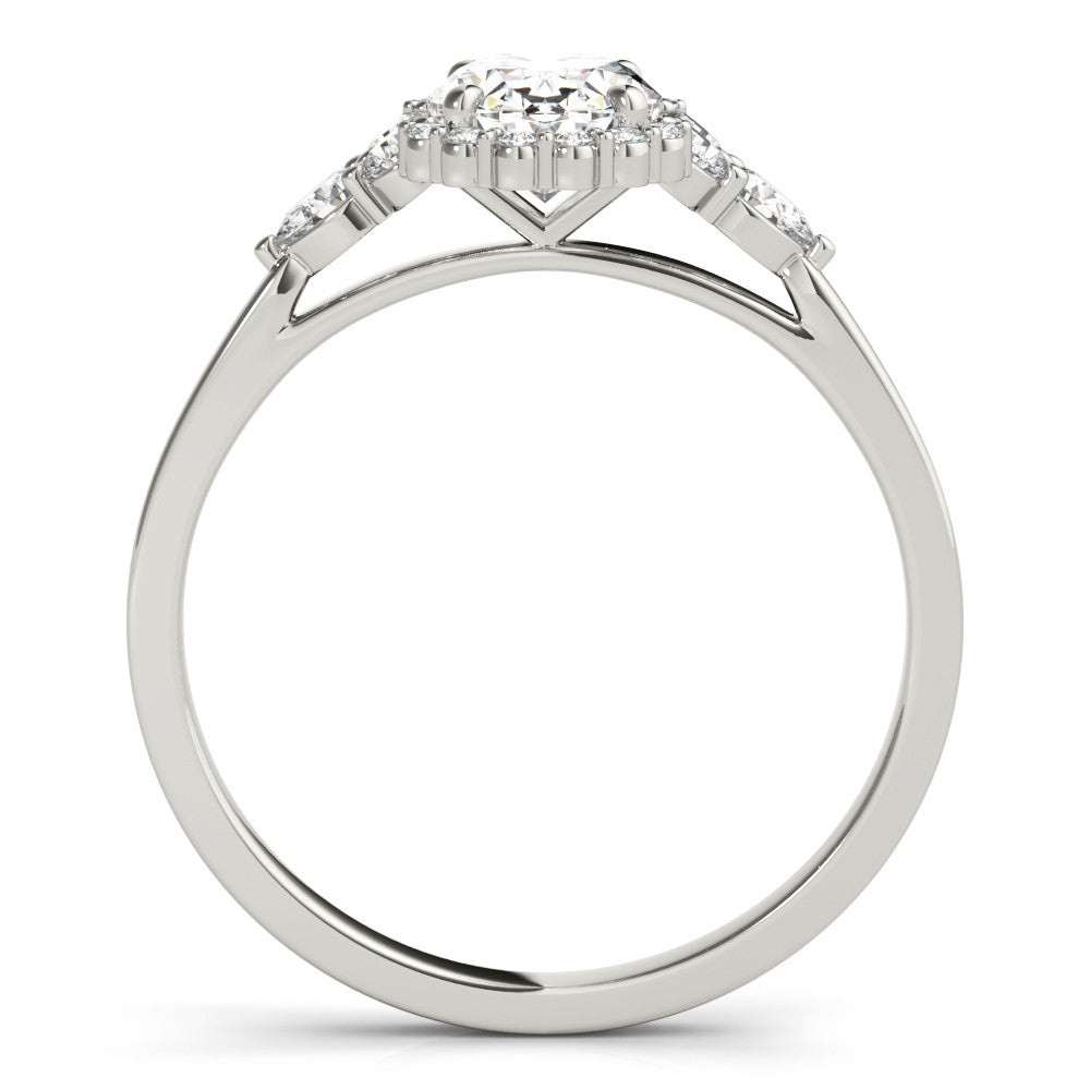 Silver Oval Halo Diamond Ring with Pear Side Stones and Prong Setting on a Classic Band