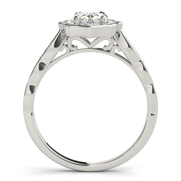Silver Oval Halo Diamond Ring with Scalloped Band and Four-Prong Setting 1