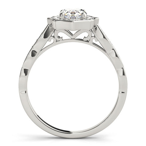 Silver Oval Halo Diamond Ring with Scalloped Band and Four-Prong Setting 1