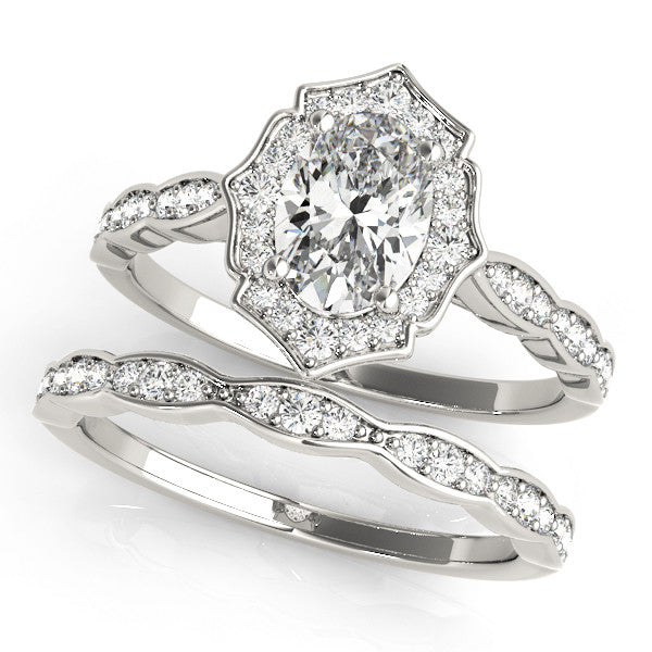 Silver Oval Halo Diamond Ring with Scalloped Band and Four-Prong Setting