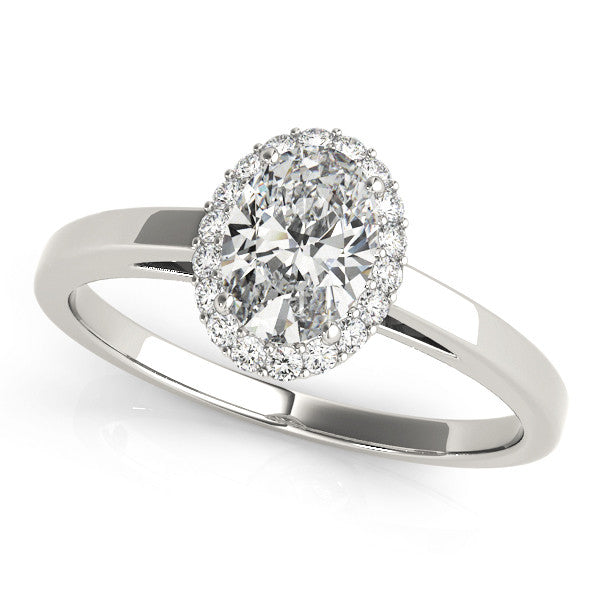 Silver Oval Halo Diamond Ring with Solitaire Band and Prong Setting 1