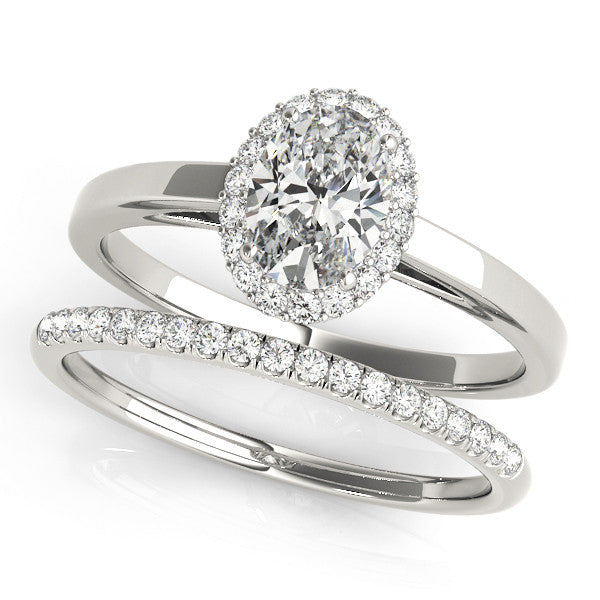 White gold Oval Halo Diamond Ring with Solitaire Band and Prong Setting