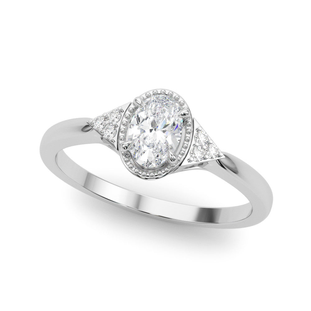 Silver Oval Halo Diamond Ring with Tapered Band and Four-Prong Setting 1