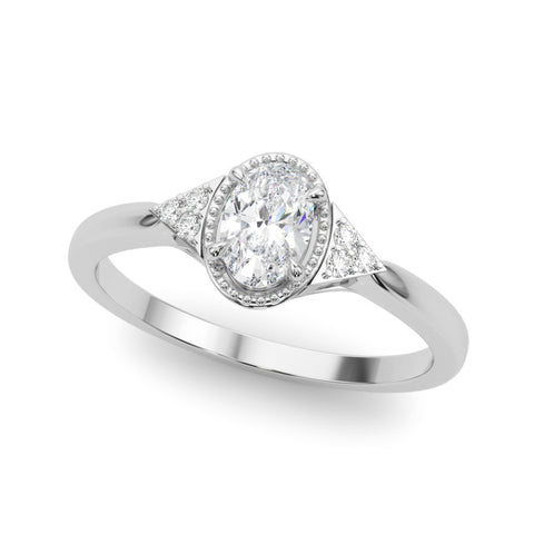Silver Oval Halo Diamond Ring with Tapered Band and Four-Prong Setting 1