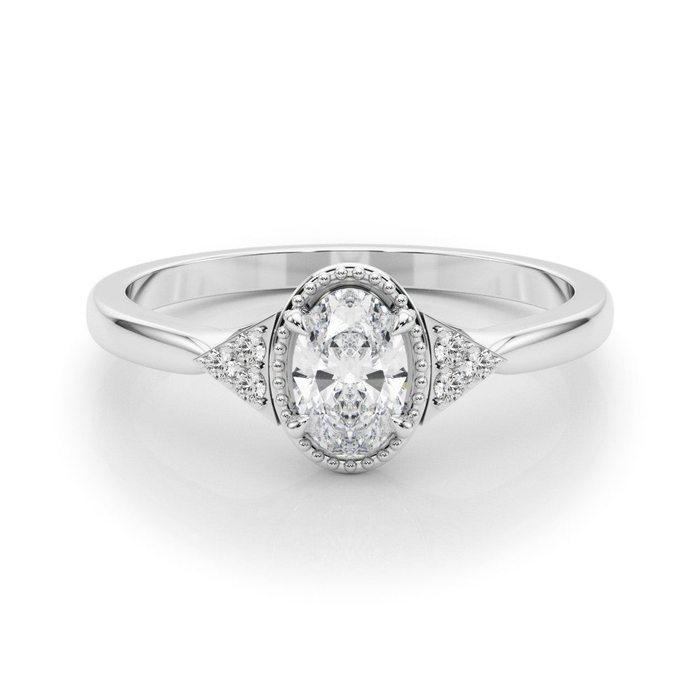 Silver Oval Halo Diamond Ring with Tapered Band and Four-Prong Setting 2