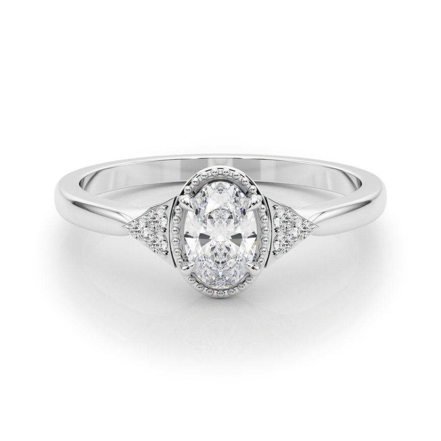 White gold Oval Halo Diamond Ring with Tapered Band and Four-Prong Setting