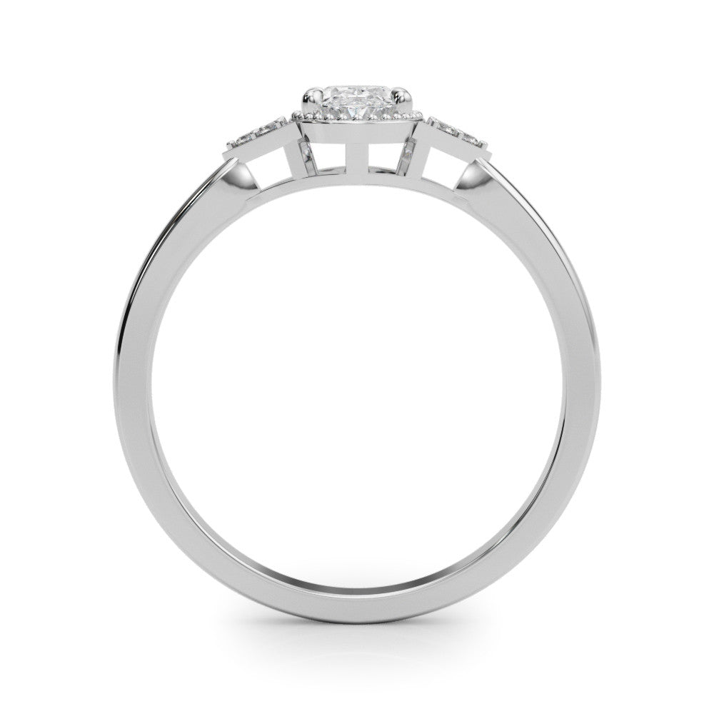 Silver Oval Halo Diamond Ring with Tapered Band and Four-Prong Setting