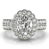 Silver Oval Halo Diamond Split Shank Ring with Scalloped Prong Setting 2