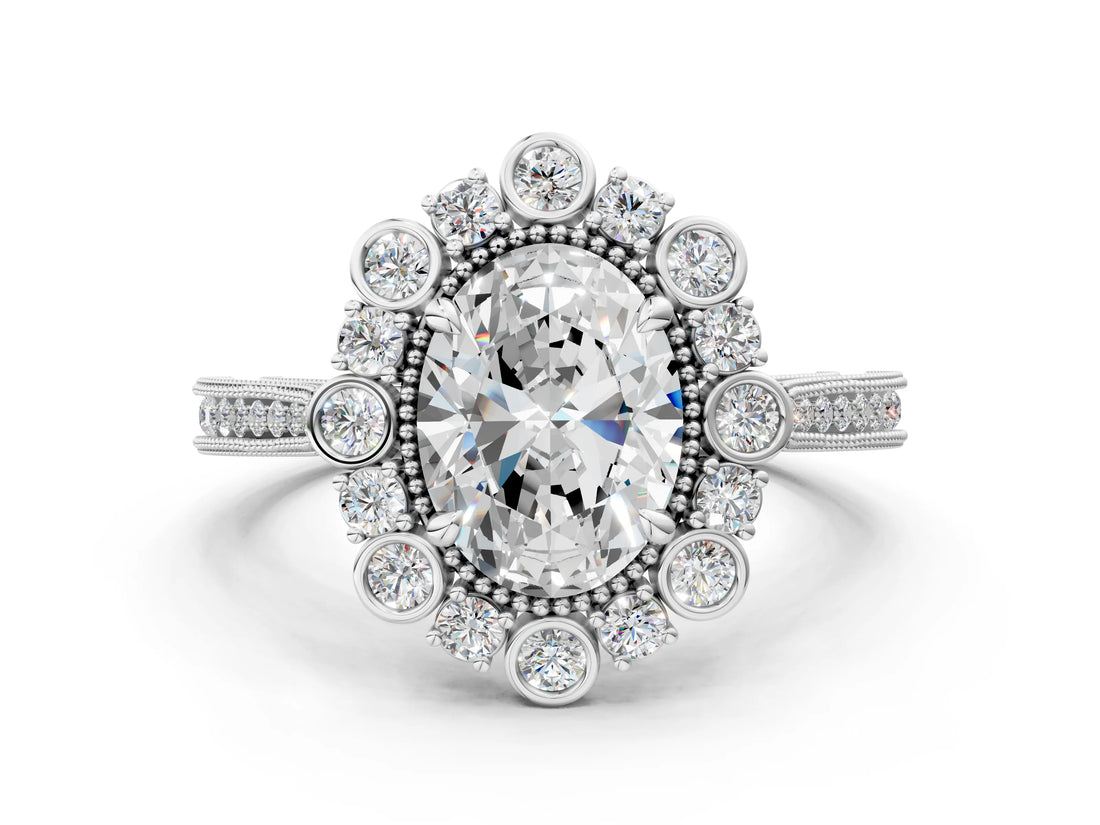Silver Oval Halo Milgrain Pave Diamond Ring with Four-Prong Setting