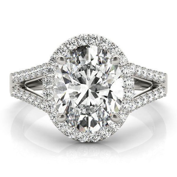 18K White Gold 4.04 Carat D VVS2 Oval Halo Split Shank Diamond Ring with Four-Prong Setting