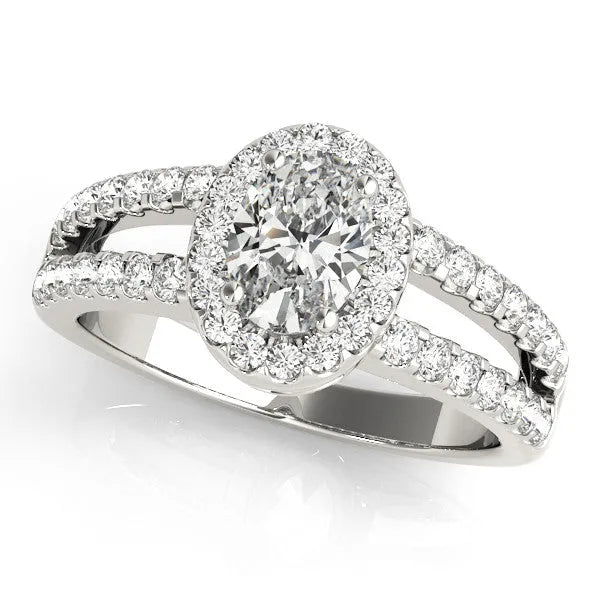 Silver Oval Halo Split Shank Diamond Ring with Prong Setting