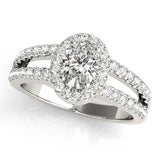 Silver Oval Halo Split Shank Diamond Ring with Prong Setting