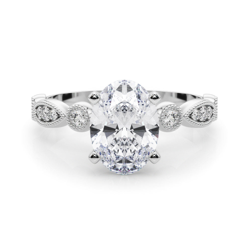 Silver Oval Milgrain Bezel Diamond Engagement Ring with Solitaire Prong Setting