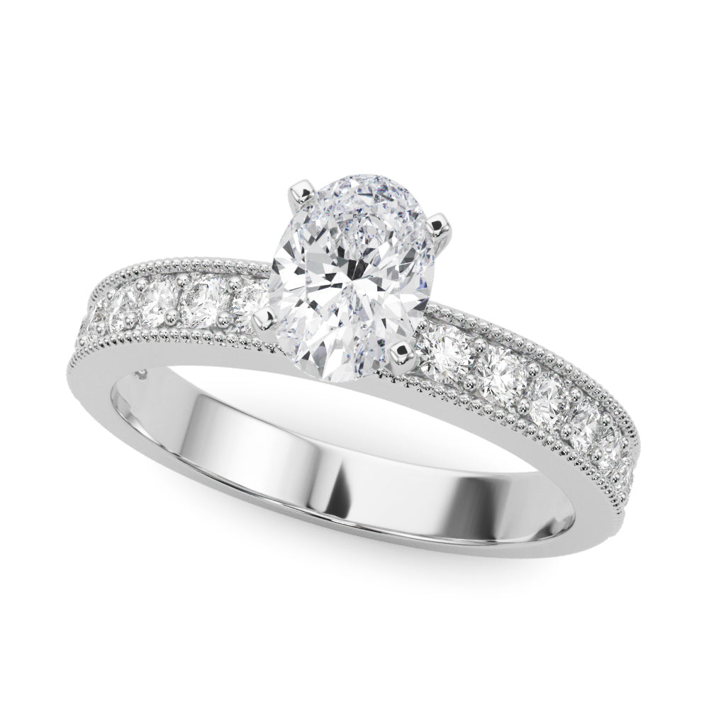 Silver Oval Milgrain Pave Diamond Engagement Ring with Four-Prong Setting 2