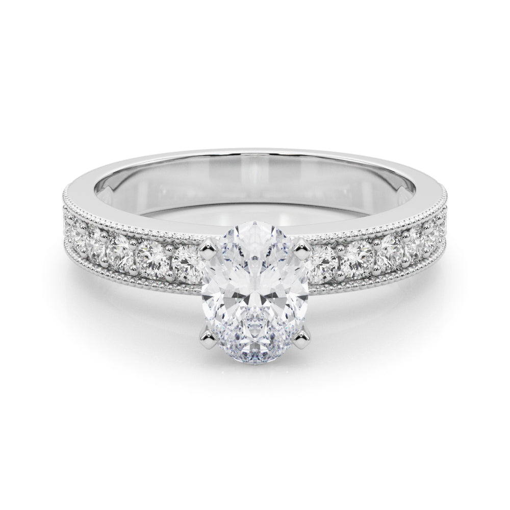 Silver Oval Milgrain Pave Diamond Engagement Ring with Four-Prong Setting