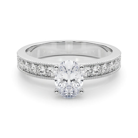 Silver Oval Milgrain Pave Diamond Engagement Ring with Four-Prong Setting