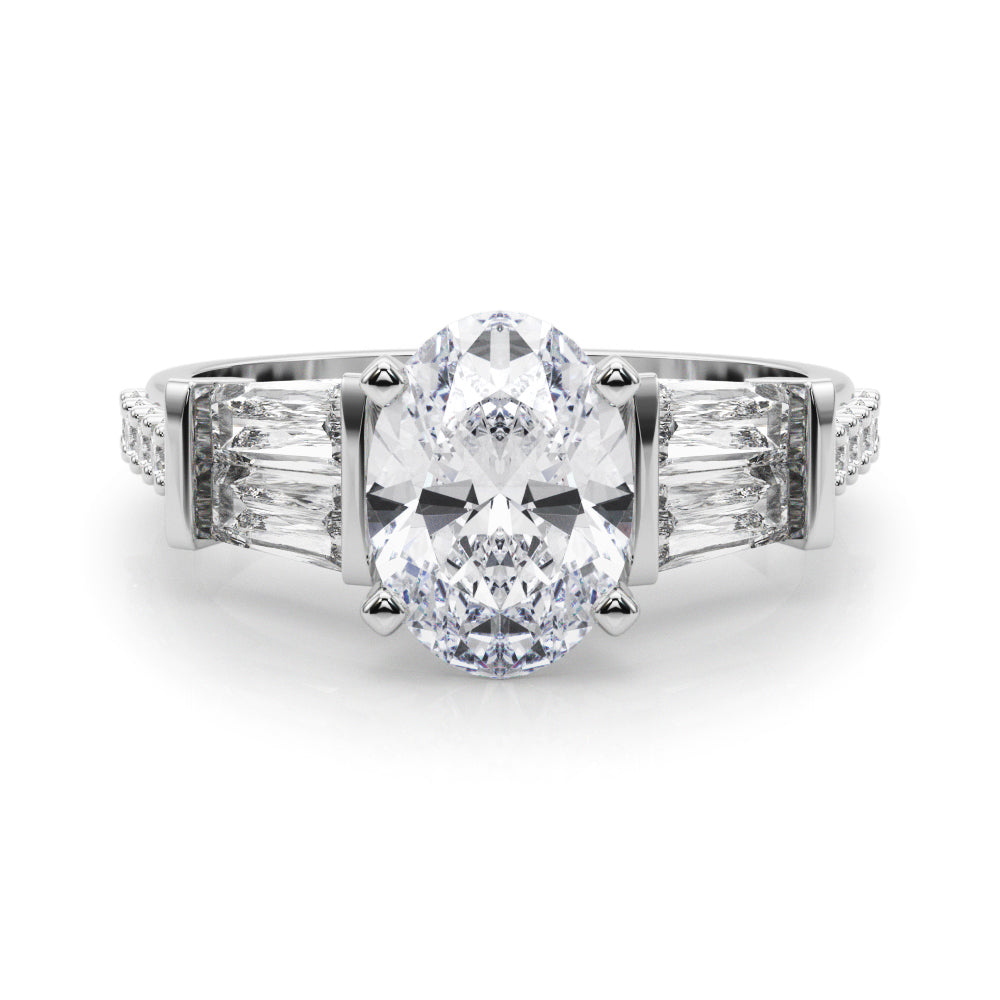 Silver Oval Solitaire Baguette Side Stone Channel Set Engagement Ring