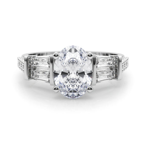 Silver Oval Solitaire Baguette Side Stone Channel Set Engagement Ring