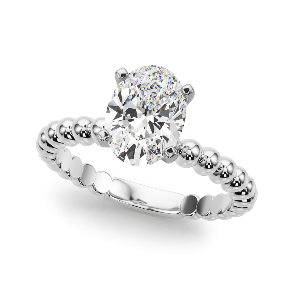 Silver Oval Solitaire Beaded Band Prong Setting Ring 2