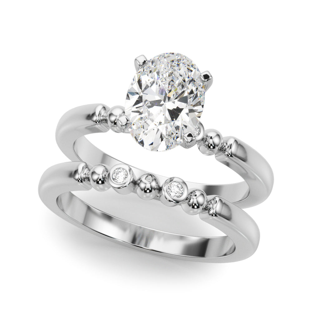 Silver Oval Solitaire Beaded Band with Four-Prong Setting