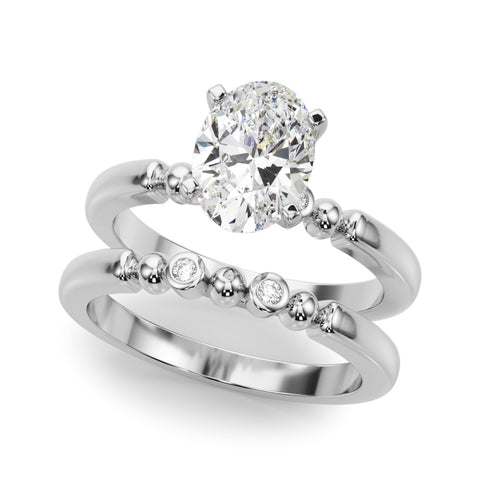 Silver Oval Solitaire Beaded Band with Four-Prong Setting