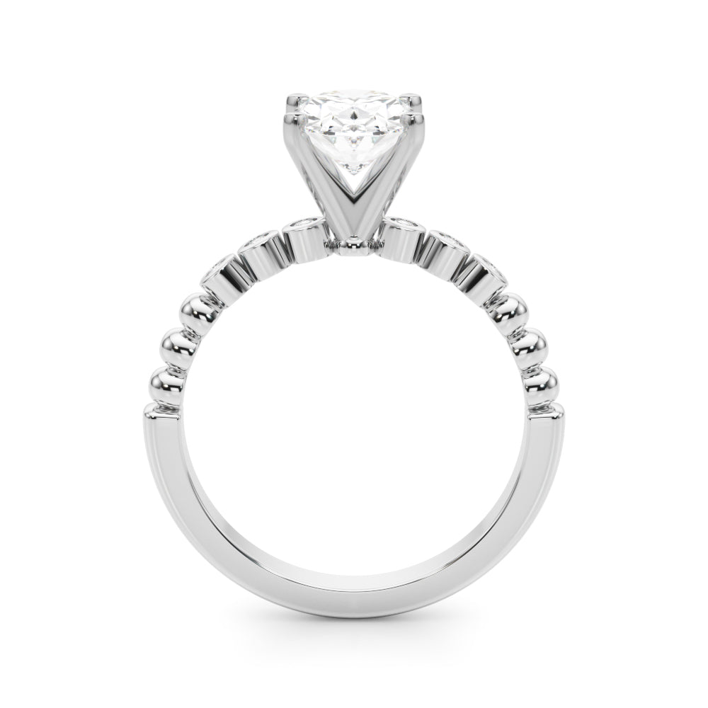 Silver Oval Solitaire Bezel Accent Diamond Engagement Ring with Beaded Band and Four-Prong Setting 1