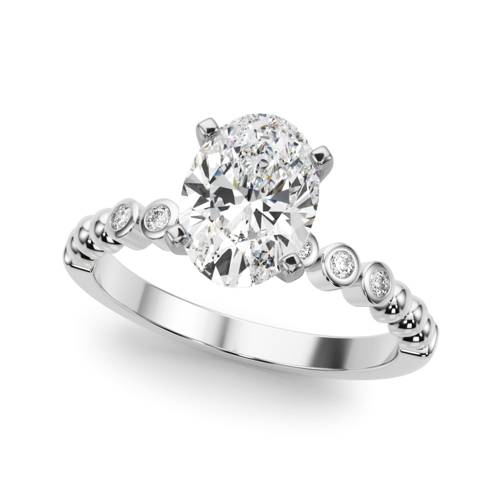 Silver Oval Solitaire Bezel Accent Diamond Engagement Ring with Beaded Band and Four-Prong Setting 2