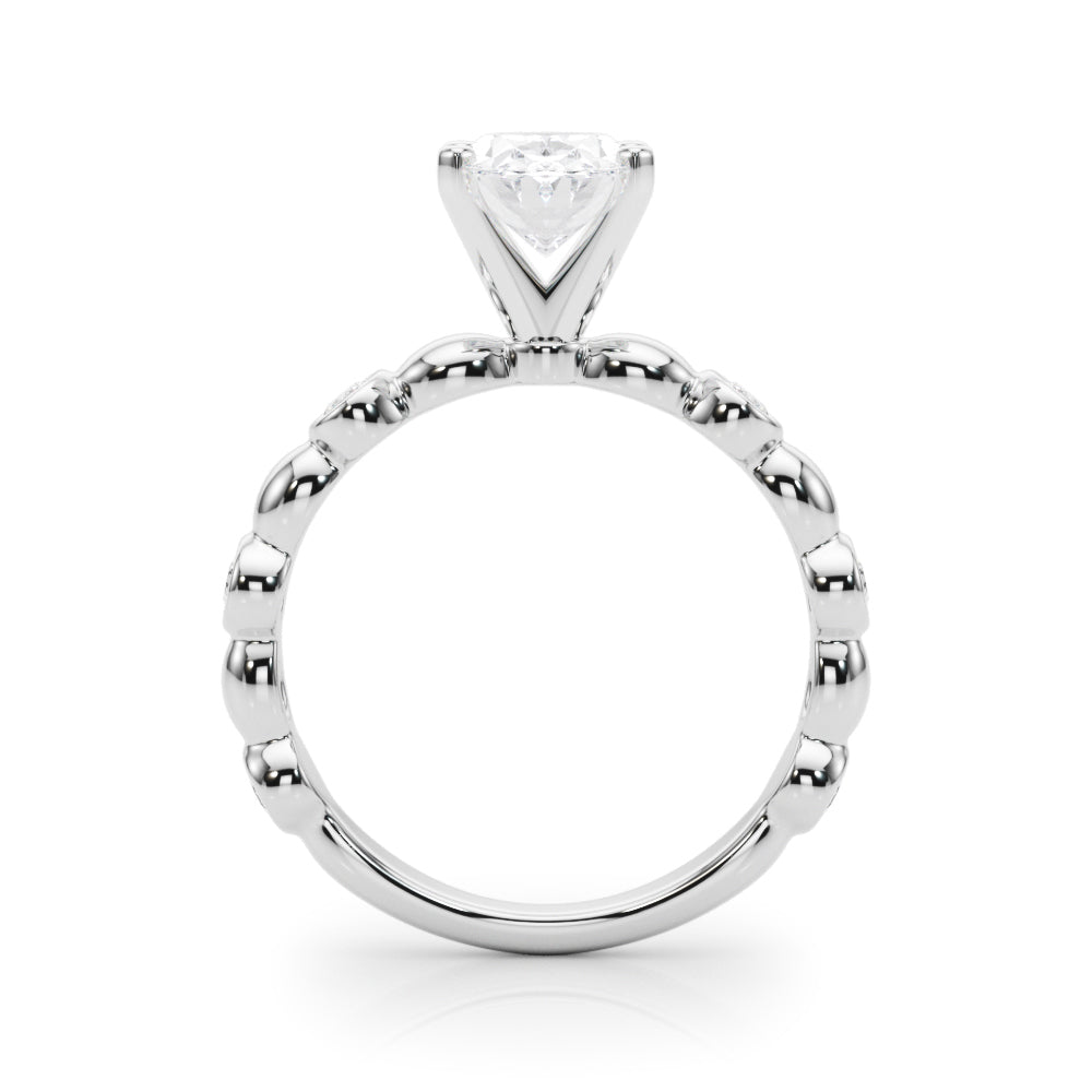 Silver Oval Solitaire Bezel-Set Diamond Ring with Beaded Band and Four-Prong Setting 1
