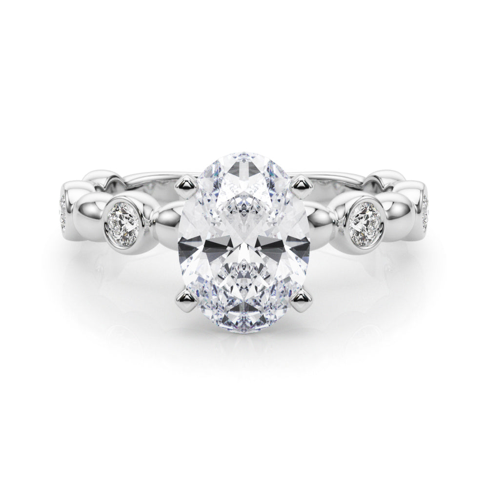 Silver Oval Solitaire Bezel-Set Diamond Ring with Beaded Band and Four-Prong Setting