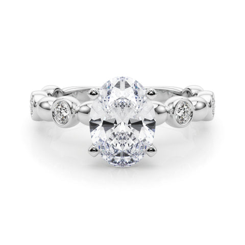 Silver Oval Solitaire Bezel-Set Diamond Ring with Beaded Band and Four-Prong Setting